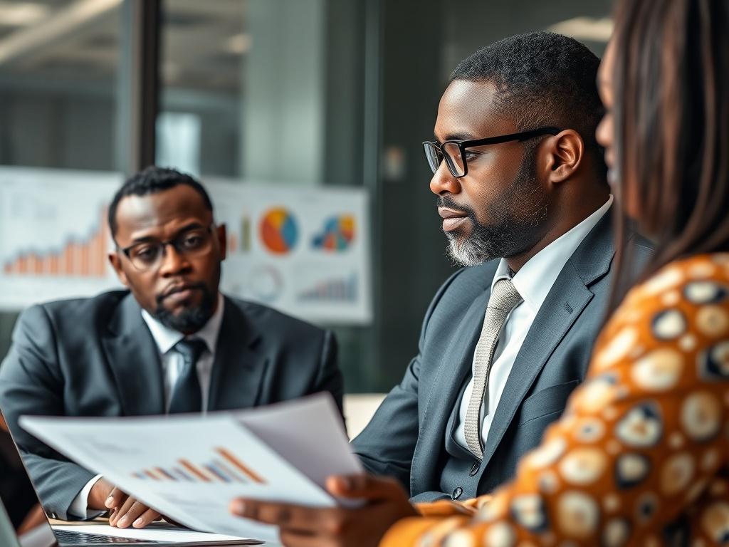 A close-up shot of a business consultant discussing strategies with a client. The setting should be a modern office with charts and graphs displayed on a laptop in the background. The consultant is a middle-aged African man in a suit, engaged in conversation with a young African woman, who is taking notes. The image should convey professionalism and collaboration, with a focus on the consultant's expression.
