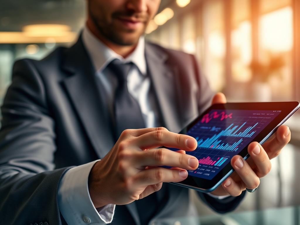 A close-up shot of a financial advisor analyzing market trends on a digital tablet, with graphs and charts displayed. The background should be a modern office environment, emphasizing professionalism and clarity. Use vibrant colors to reflect the dynamic nature of financial markets.