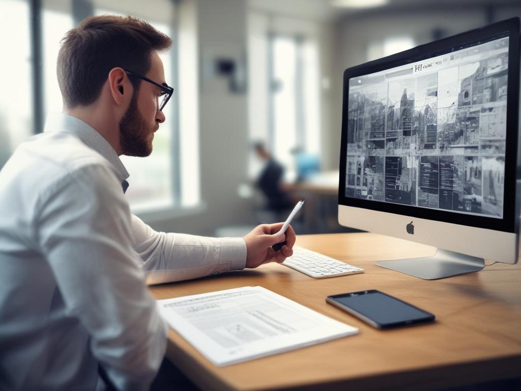 A close-up shot of a project manager reviewing a project timeline on a digital tablet in a modern office setting. The background should be blurred to emphasize the subject, showing a sleek desk with minimalistic decor. The lighting should be bright and inviting, highlighting the project manager's focused expression while they analyze data and plans. The color scheme should incorporate vibrant greens, complementing the rgb(50, 170, 39) theme.