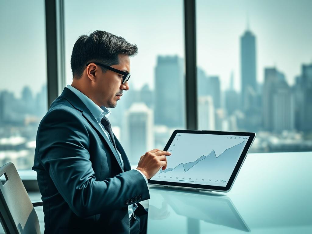 **AI Image Generator Prompt:**

Create a highly realistic close-up shot of a single investor, seated at a modern, sleek desk, focused intently on a digital tablet displaying an evolving graph of technology investments. The investor should appear engaged and thoughtful, reflecting the theme of mastering the "Full-Stack" Economy of 2026. Choose a professional attire, conveying confidence and sophistication.

The background should be minimalistic, ideally featuring a city skyline through a large window, symbol