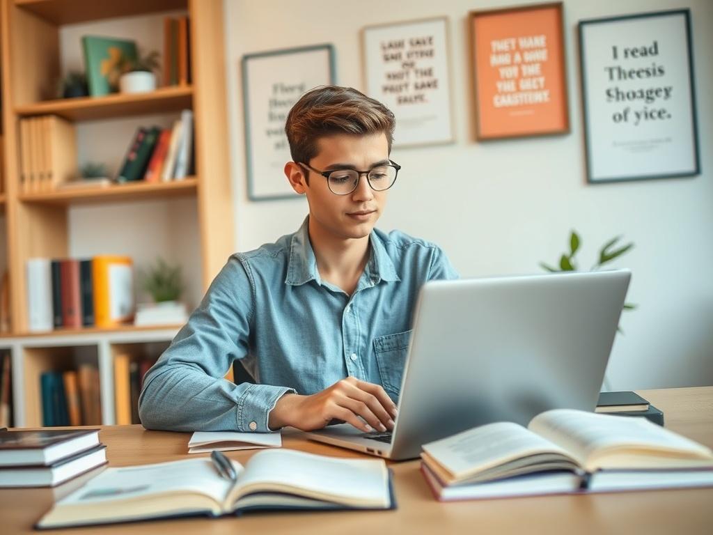 Create a realistic high-resolution photo that captures the essence of a blog titled "Najoy Research Institution Launches New Thesis Writing Service." The composition should be simple and clear, featuring a single subject: a focused student sitting at a modern desk, surrounded by a laptop, open notebooks, and academic materials like textbooks and a pen. The student should portray an expression of concentration and determination while typing on the laptop, as if engaging with the new thesis writing service. 

