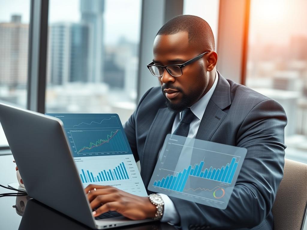 A professional consultant analyzing financial data on a laptop, surrounded by charts and graphs depicting investment statistics. The consultant, a middle-aged African man in business attire, appears focused and engaged. The background features a modern office setting with a large window showcasing a city skyline. The image should have a hyper-realistic style, shot with a 45mm f/1.2 lens, highlighting the consultant and the laptop screen with detailed financial graphs, while keeping the office background sli