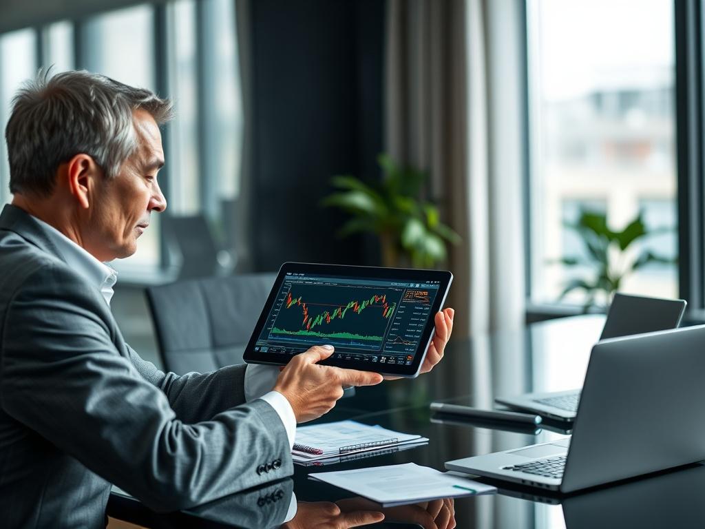 A close-up shot of a financial advisor explaining stock investment strategies to a client in a modern office setting. The advisor is showing a stock chart on a tablet, with a focused expression, while the client listens attentively. The background features a sleek desk with financial documents and a laptop, creating a professional atmosphere. The image should reflect a sense of trust and expertise, showcasing the advisor-client relationship.