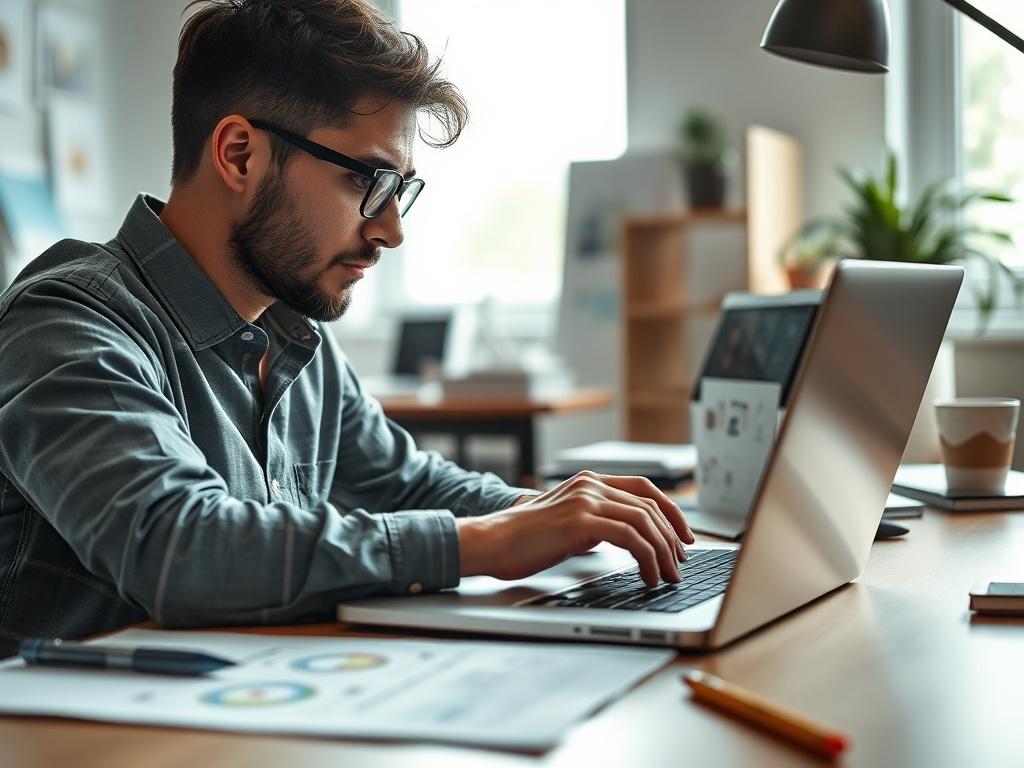 A hyper-realistic close-up of a professional designer working on a website interface on a laptop. The designer is focused and engaged, with sketches and design elements visible on the desk. The background should be bright and inspiring, reflecting a creative workspace. The image should be captured with a 45mm f/1.2 lens, showcasing the designer's concentration.