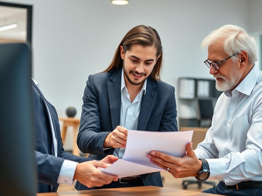 A high-resolution close-up shot of a young professional reviewing documents with a senior mentor in a modern office environment. The mentor is providing guidance, emphasizing teamwork and collaboration. The background should be minimalistic yet professional, showcasing a well-organized workspace. The image should be captured with a 45mm f/1.2 lens, highlighting the interaction.