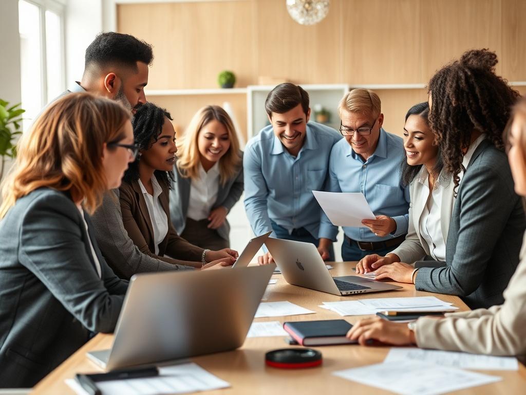 A realistic high-resolution photo of a diverse group of professionals collaborating in an office setting. They are engaged in discussion, with papers and laptops scattered on the table. The background should be bright and welcoming, with elements of modern office decor. The image should be shot with a 45mm f/1.2 lens, focusing on the group interaction.