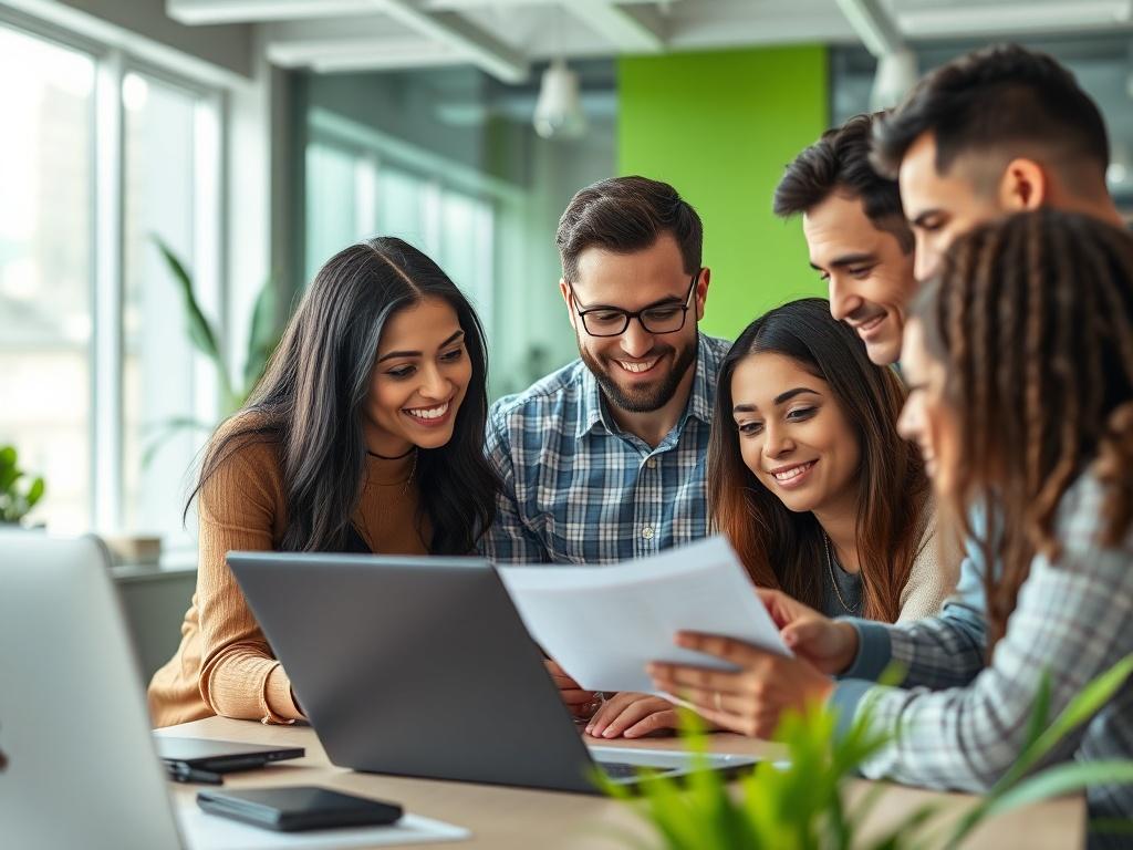 A high-resolution close-up of a team meeting in a modern office, with diverse individuals discussing plans over a laptop. The background is softly blurred to focus on the team, with vibrant green elements in the decor.