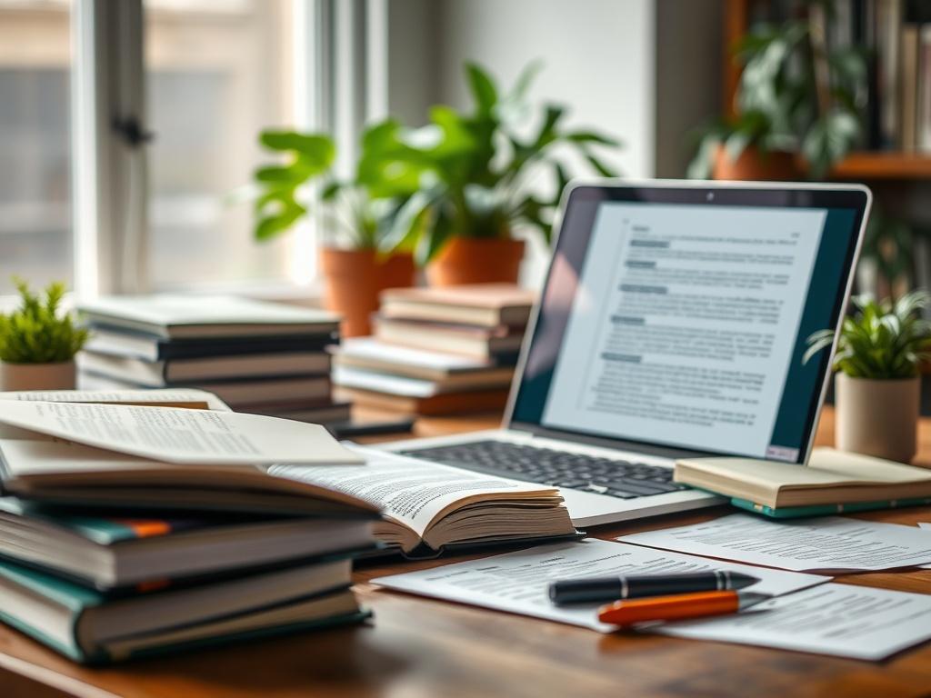 A close-up shot of an academic's desk with books, a laptop displaying a research paper, and notes scattered around. The background is softly blurred to highlight the research environment, with touches of green in the decor.