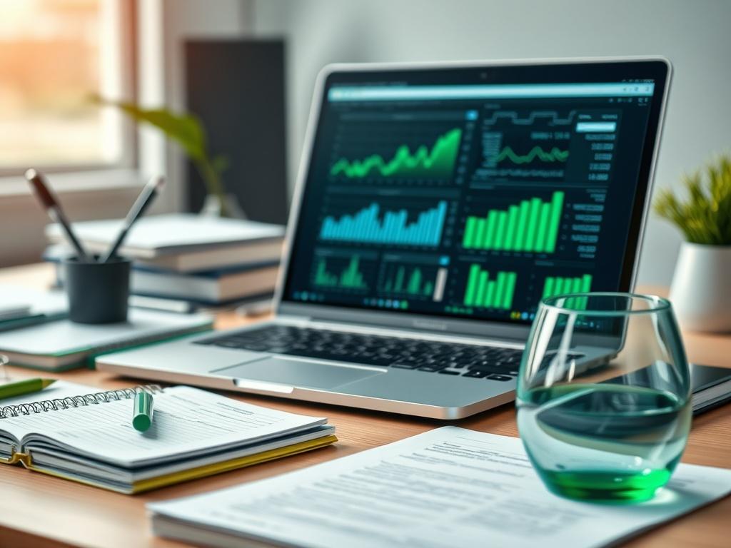 A close-up shot of a professional research setup, with a laptop displaying graphs and data, surrounded by notebooks and stationery. The background is softly blurred, emphasizing the workspace. The color scheme incorporates shades of green to reflect the business's primary color.