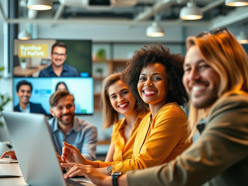 A vibrant scene depicting a virtual masterclass with several participants interacting through video calls, smiling and sharing ideas. The background should feature a modern, tech-savvy environment with a focus on collaboration. The lighting should be bright and cheerful, emphasizing excitement and engagement.