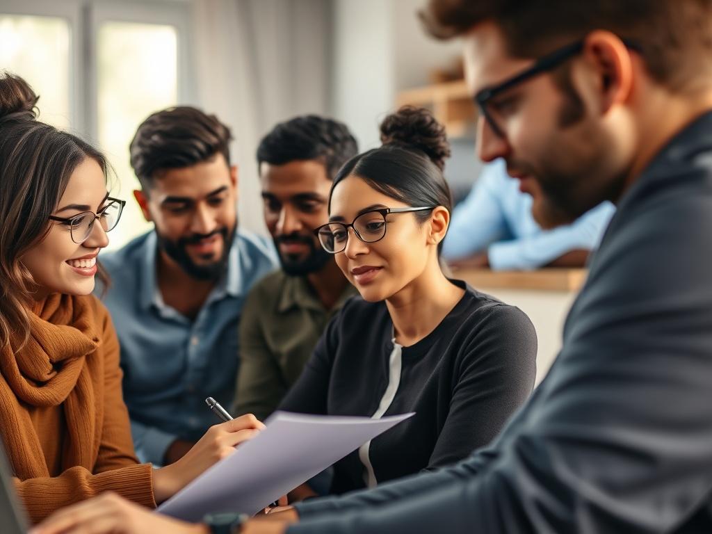 A close-up shot of a diverse group of engaged participants in a virtual masterclass, with one participant taking notes and others focused on the screen. The background should be a soft, blurred home office setting, evoking a professional yet relaxed atmosphere. The lighting should be warm and inviting.