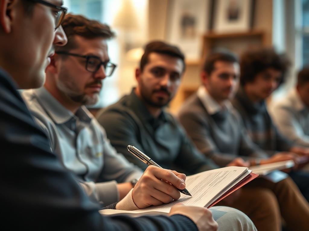 A close-up shot of a participant attentively listening to a masterclass presentation, with a notebook open and a pen in hand. The background should show a cozy study space, indicating focus and readiness to learn. The lighting should be soft and inviting, creating a comfortable learning atmosphere.