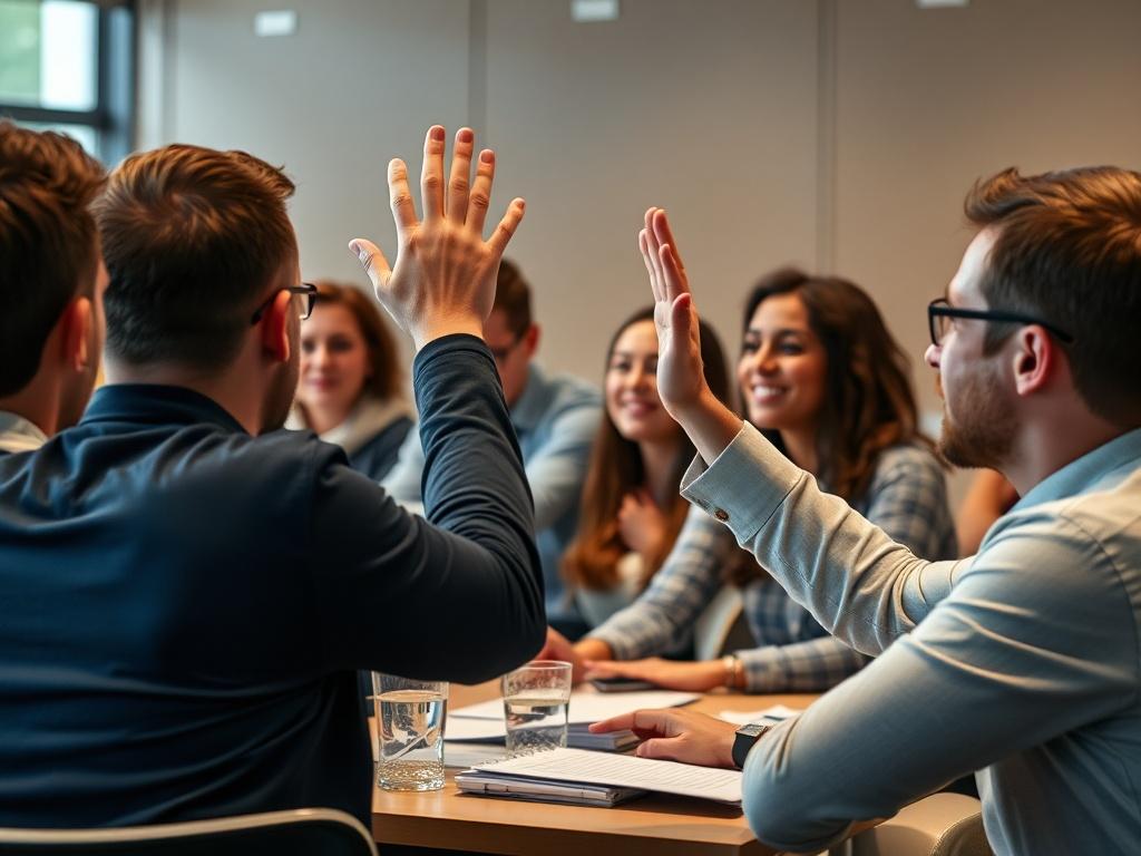 A vibrant image of participants in a masterclass actively engaging in a group discussion. The focus should be on enthusiastic interactions, with people raising hands and exchanging ideas. The background should be a modern classroom or seminar setup, highlighting the collaborative atmosphere of the event.