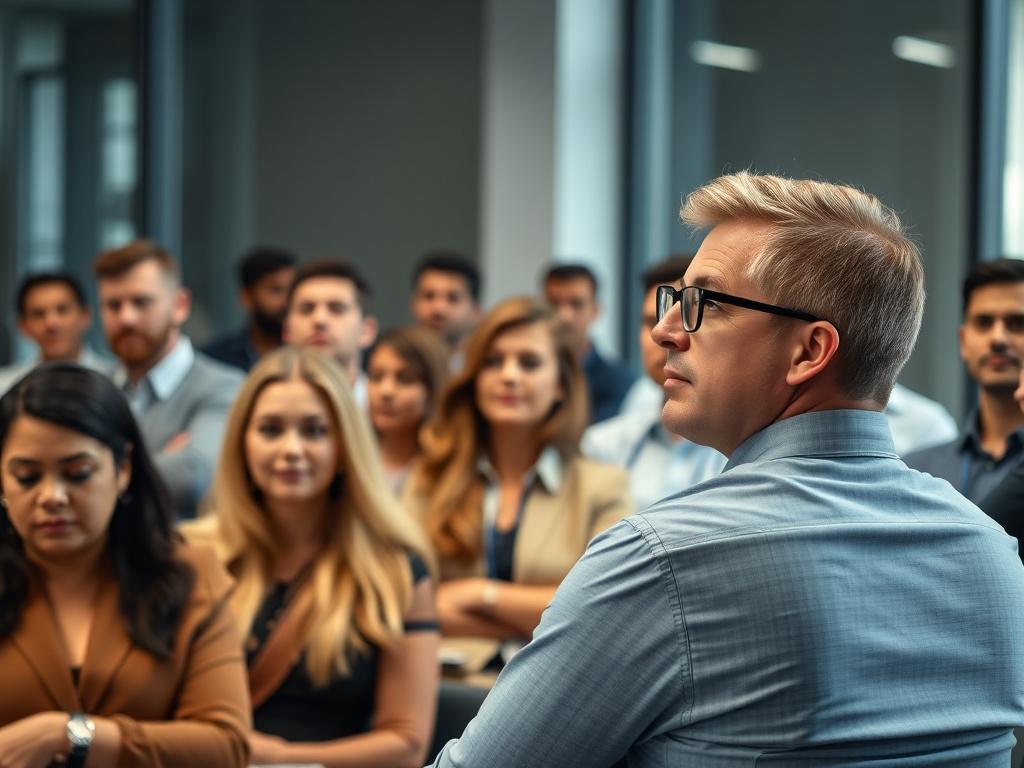 A close-up shot of a diverse group of professionals attending a masterclass, with one speaker at the front engaging the audience. The setting is modern and well-lit, conveying a sense of energy and inspiration. The image should focus on the speaker and a few engaged audience members, capturing the essence of learning and collaboration.