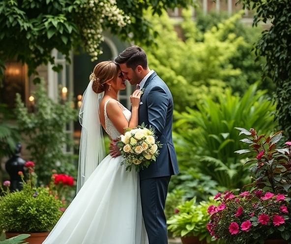 Bride and groom in a beautiful garden setting