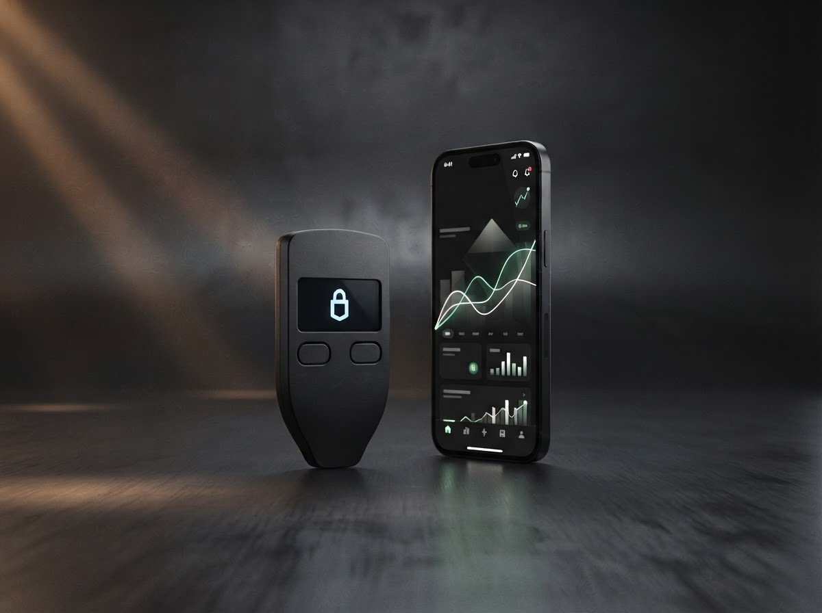 Trezor hardware wallet alongside a crypto portfolio on a smartphone