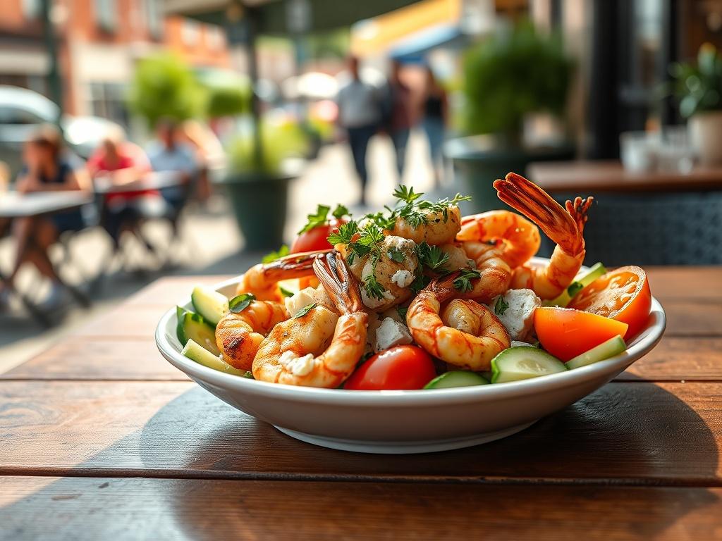 Create a realistic high-resolution photo that showcases The Black Olive as a premier lunch spot in Fells Point. The image should focus on a beautifully arranged plate of fresh Mediterranean seafood, such as grilled shrimp or calamari, garnished with vibrant herbs and served alongside a light Greek salad featuring ripe tomatoes, cucumbers, and feta cheese. The composition should be simple and clear, with the plate centered in a slightly off-center view to create visual interest. 

Position the plate on a rus