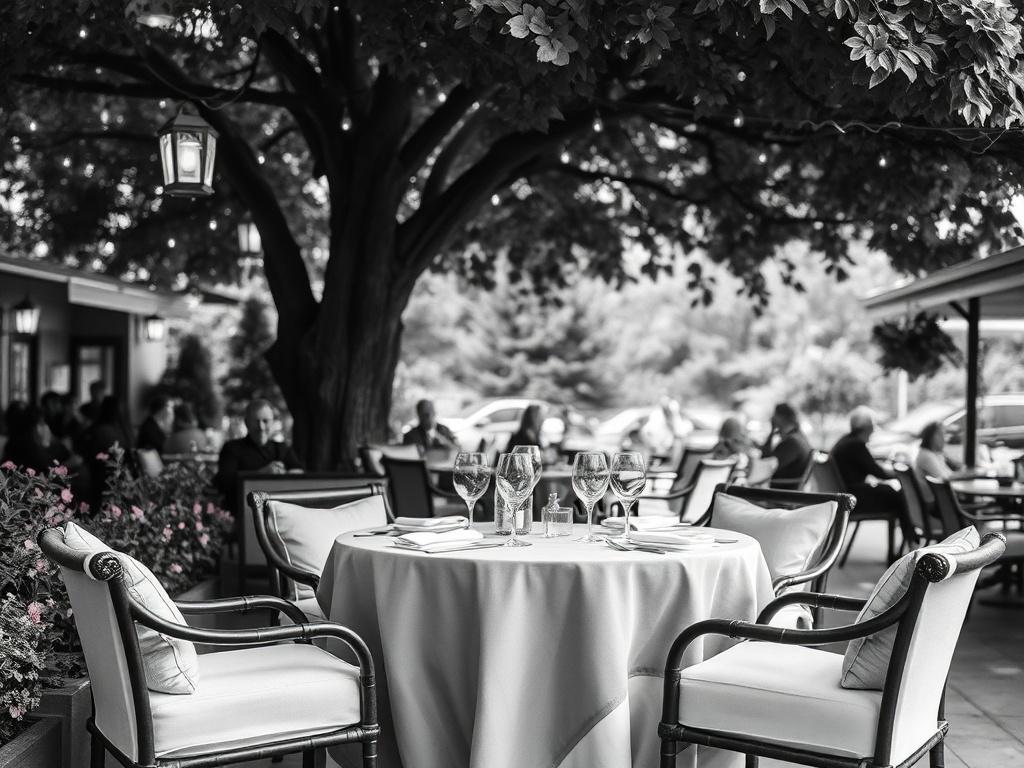 Create a realistic high-resolution black and white image featuring a charming outdoor dining setup that embodies the essence of an ideal outdoor restaurant experience near Baltimore. The central subject should be a beautifully set table with high-quality, comfortable seating, accentuated by a lush green backdrop. Include elements such as a stylish tablecloth, elegant dinnerware, and soft, ambient lighting, perhaps through hanging string lights or lanterns.

Position the table under a large, leafy tree that 