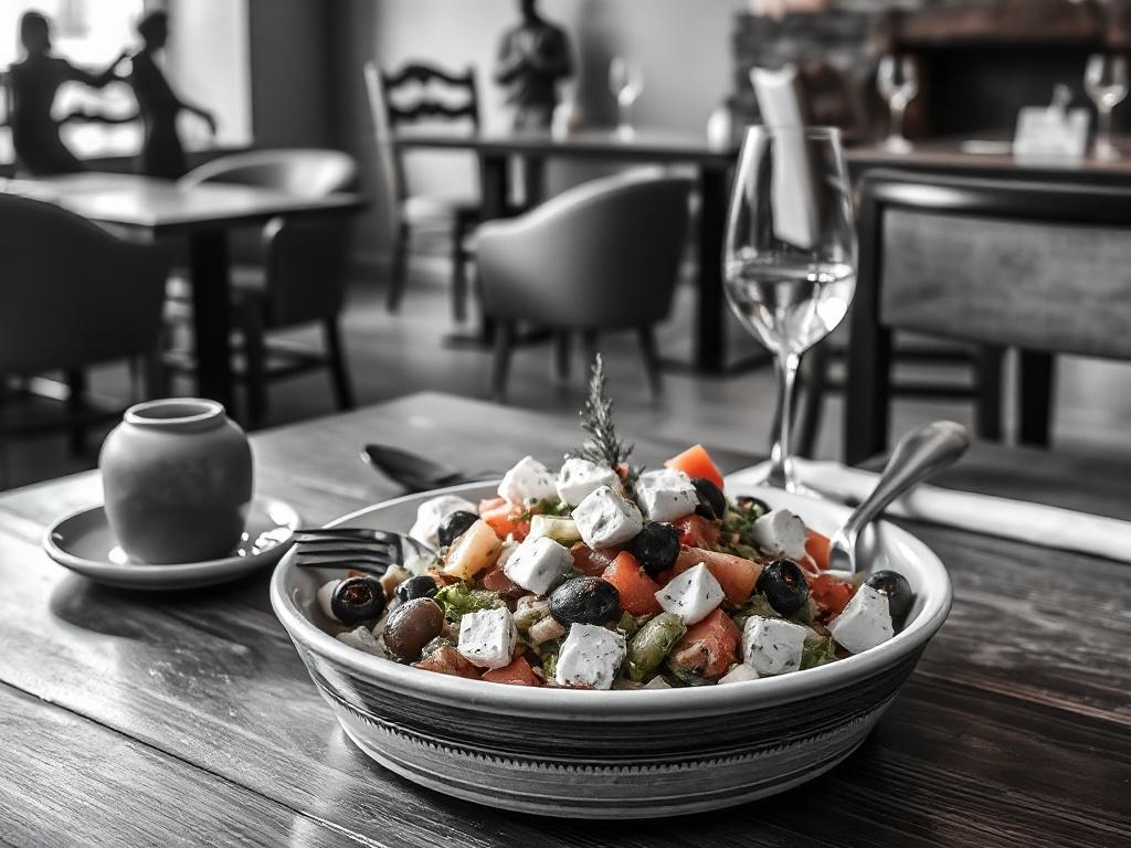 Create a realistic high-resolution black and white photo that visually encapsulates the essence of authenticity in Mediterranean dining, suitable for a blog titled "What Makes a Mediterranean Restaurant Truly Authentic?". 

**Subject**: Feature a beautifully arranged table set for a Mediterranean meal at The Black Olive. The centerpiece should be a traditional Greek dish, such as a vibrant Greek salad topped with freshly chopped vegetables, olives, and feta cheese, elegantly served on a rustic wooden table.