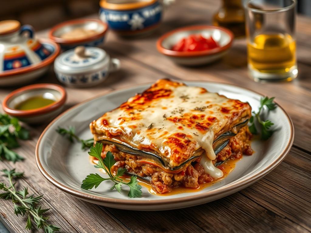 **AI Image Generation Prompt:**

Create a realistic, high-resolution photo that embodies the essence of Mediterranean food traditions celebrated at The Black Olive. The composition should be simple and clear, featuring a beautifully arranged plate of traditional Greek moussaka as the main subject, capturing its rich layers of eggplant, spiced ground meat, and creamy béchamel topping. 

Ensure the focus is on the moussaka, highlighting its golden-brown crust and vibrant colors, which evoke warmth and nostalg