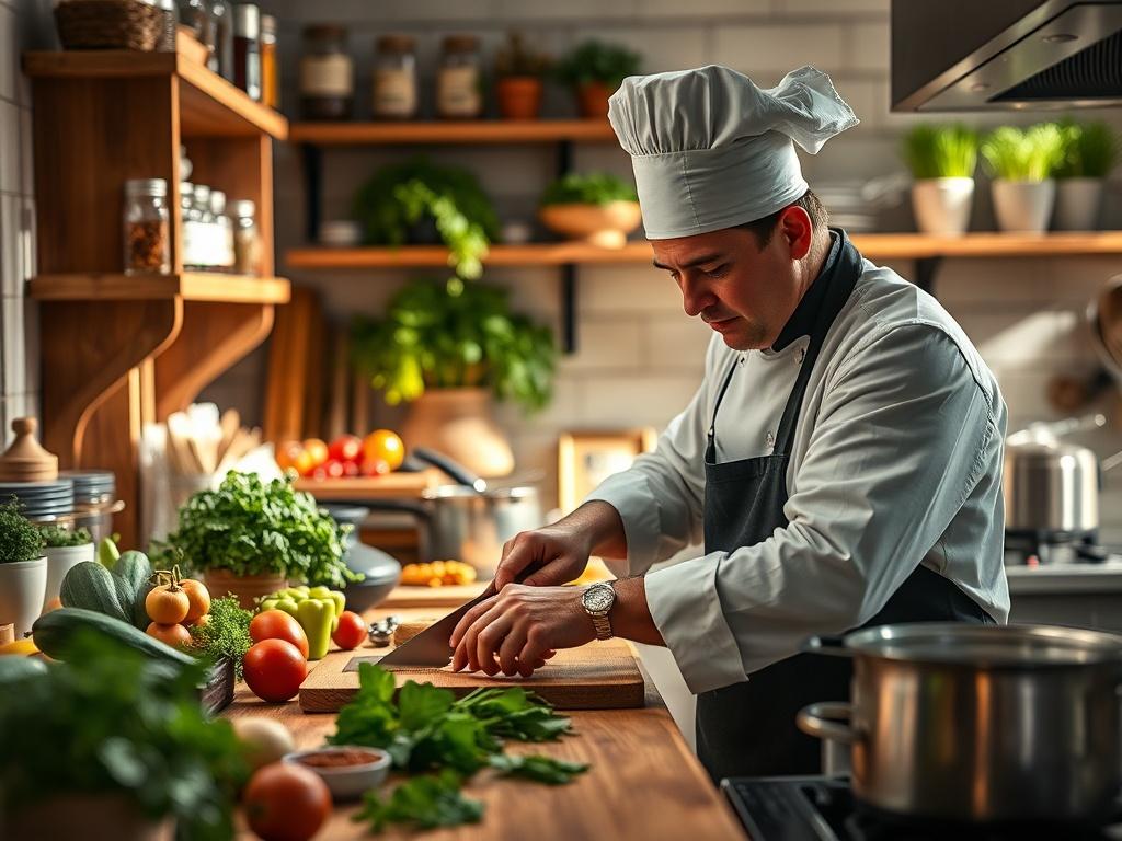 Create a realistic high-resolution photo that captures the essence of a bustling restaurant kitchen, focusing on a single chef at work. The chef should be mid-action, skillfully slicing vegetables on a wooden countertop, with a gleaming knife and fresh ingredients surrounding them. The composition should be simple and clear, allowing the viewer to focus on the chef's determined expression and precise movements.

The background should feature shelves filled with neatly arranged spices, fresh herbs in pots, a