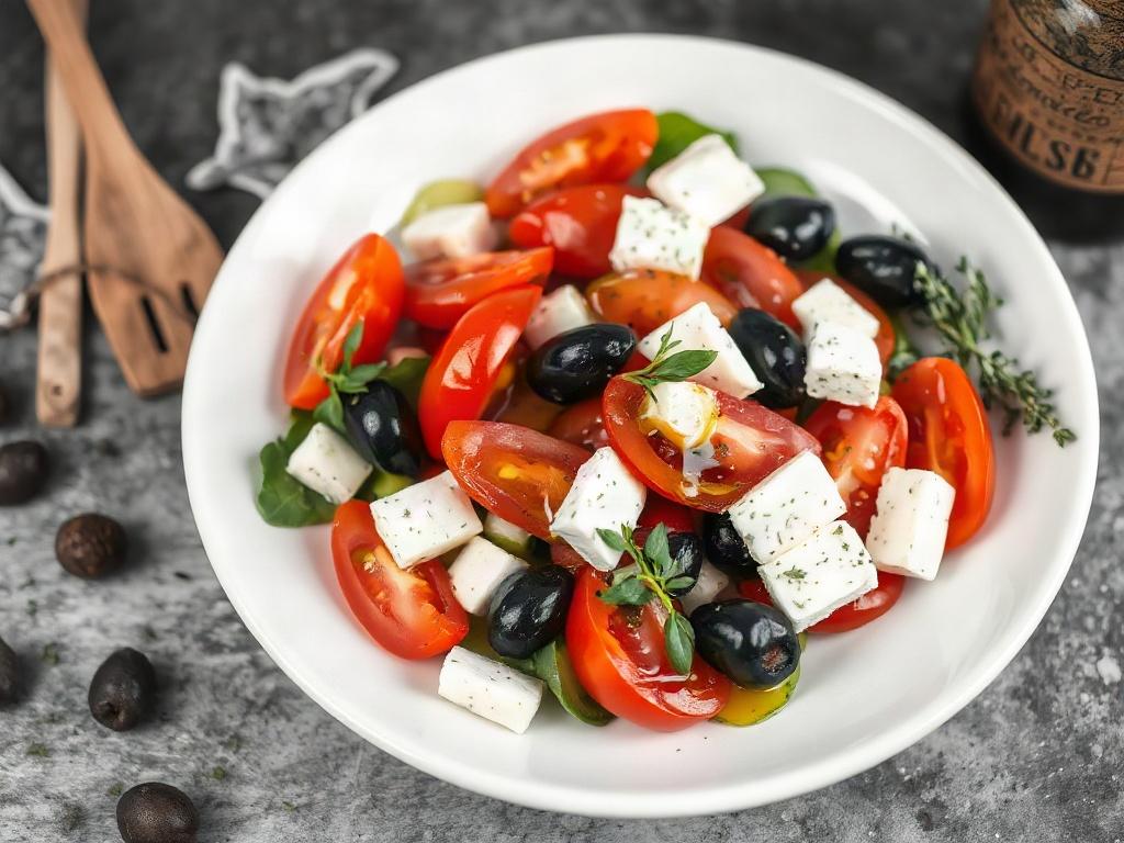 Create a realistic high-resolution black and white image that encapsulates the essence of Greek Mediterranean food as a healthy eating option. The composition should be simple and clear, featuring a single plate of vibrant Greek salad as the main subject. This salad should include an assortment of fresh ingredients such as juicy tomatoes, crisp cucumbers, ripe olives, and a generous drizzle of golden olive oil glistening on top. Enhance the dish with a sprinkle of fragrant oregano and a few slices of creamy
