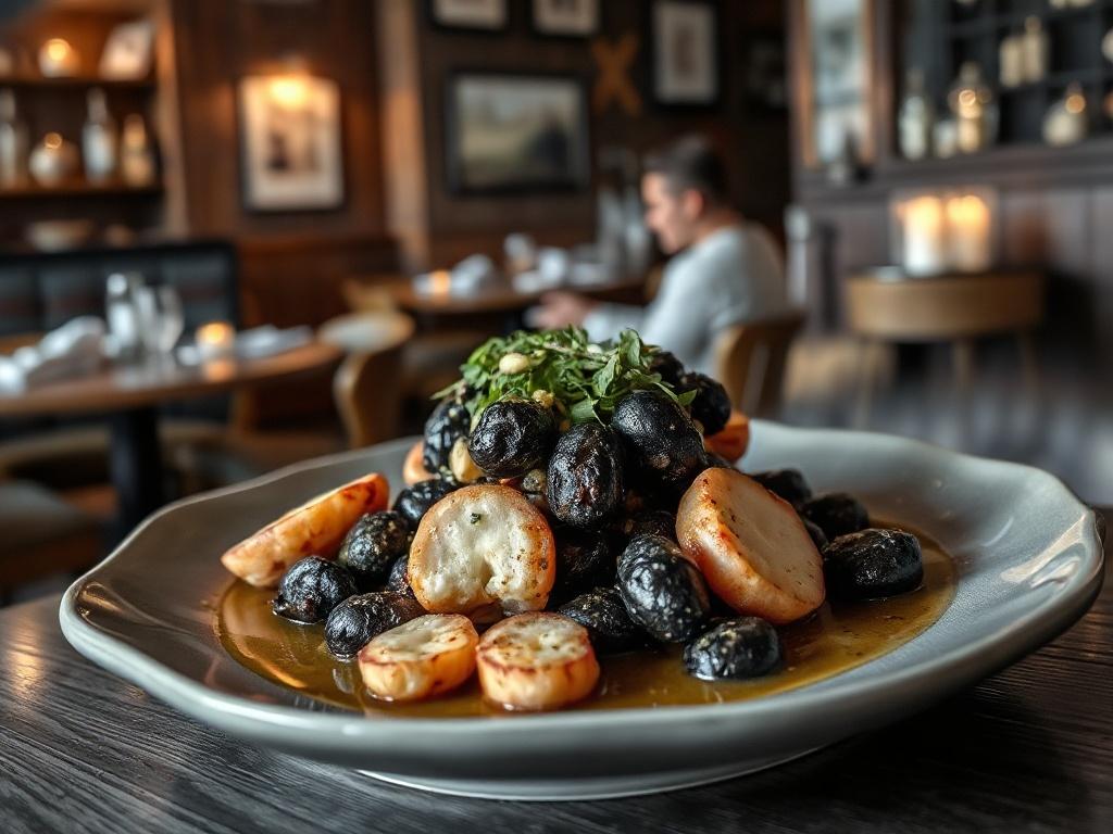 **AI Image Generation Prompt:**

Create a realistic high-resolution black and white photo of a beautifully plated dish from The Black Olive, a beloved Mediterranean restaurant in Baltimore’s Fells Point. The dish should be the star of the composition, showcasing vibrant ingredients such as grilled octopus, fresh herbs, and a drizzle of olive oil, artfully arranged to highlight its culinary excellence. 

The background should feature softly blurred elements of the restaurant’s cozy and inviting interior, inc