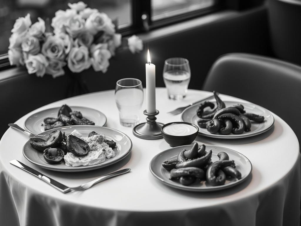 Create a realistic high-resolution black-and-white photo that captures the essence of a romantic Greek dining experience. The image should focus on a single beautifully arranged table set for two, adorned with a mix of traditional Greek dishes like moussaka, tzatziki, and grilled octopus served on shareable plates. Include a flickering candle in the center for a warm ambiance and subtly blurred floral elements in the background to convey intimacy and elegance. The table should showcase smooth, simple lines 