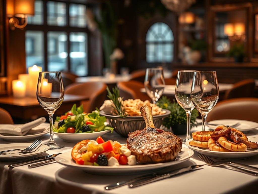 Create a highly detailed, realistic high-resolution photo that showcases The Black Olive restaurant as a top choice for special occasions in Fells Point. The composition should be simple and clear, focusing on a beautifully set table within the restaurant, featuring elegant tableware such as fine china, polished silverware, and sparkling glassware. The center of the table should display a delicious array of exquisite Mediterranean dishes, artfully arranged, including a vibrant Greek salad, succulent lamb ch