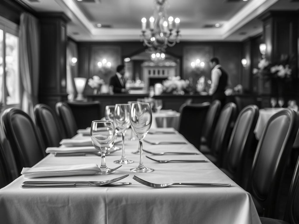 Create a realistic high-resolution black and white photograph that captures the essence of a restaurant suited for special occasions. The composition should focus on a single subject—an elegantly set dining table in an inviting atmosphere. The table should be adorned with a crisp white tablecloth, polished silverware, and delicate glassware, hinting at an upscale dining experience.

In the background, showcase soft ambient lighting that suggests a cozy and intimate setting, along with tasteful decorations t