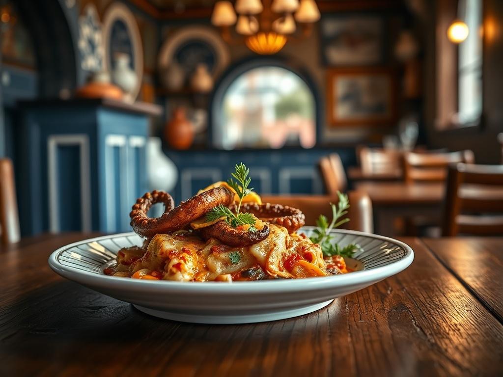 Create a realistic high-resolution photo capturing the essence of the Black Olive Restaurant, emphasizing its rich history and charm. The composition should focus on a beautifully plated dish of authentic Greek Mediterranean cuisine, such as moussaka or grilled octopus, placed on a rustic wooden table, which reflects the restaurant's warm and inviting atmosphere. 

The background should feature a softly blurred interior of the restaurant, showcasing traditional Greek decor elements like vibrant blue and whi