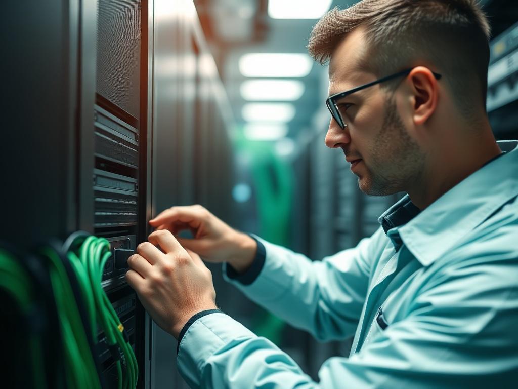 A close-up shot of a professional technician installing network equipment in a server room, showcasing modern technology and a clean, organized environment. The focus should be on the technician's hands working on the equipment, with a blurred background of server racks and cables, captured with a 45mm f/1.2 lens to emphasize depth and detail. The color palette should include shades of green to align with the primary color rgb(50, 170, 39).