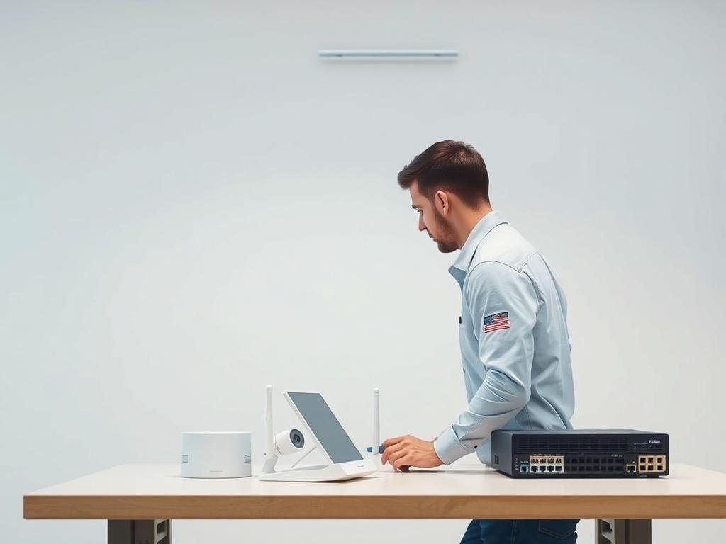 A minimalist high-resolution photo of a professional technician installing Ubiquiti UniFi networking equipment in a modern office environment. The composition should focus on the technician working on a clean, organized workspace with visible UniFi products like access points and switches. The background should be simple and uncluttered, emphasizing the equipment and the technician's expertise.