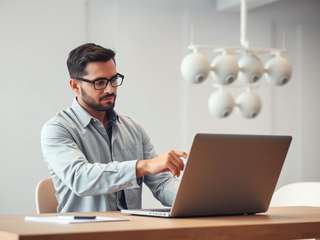 A professional technician optimizing a Ubiquiti UniFi Wi-Fi network in a modern workspace. The scene should capture the technician adjusting settings on a laptop, with UniFi access points visible in the background. The composition should be clean and focus on the technician's expertise and the technology.