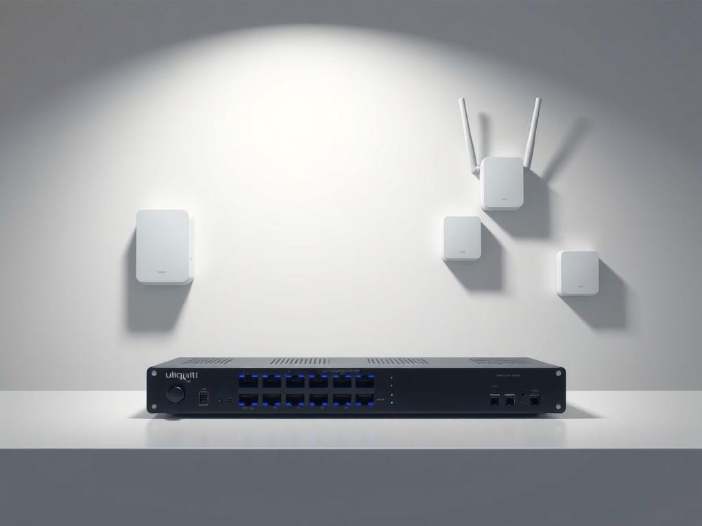 A clean, minimalistic office environment showcasing a Ubiquiti UniFi network setup. The image should feature a sleek network switch and UniFi access points elegantly mounted on walls. The background should be simple with soft colors, emphasizing the technology, conveying a sense of efficiency and modernity.