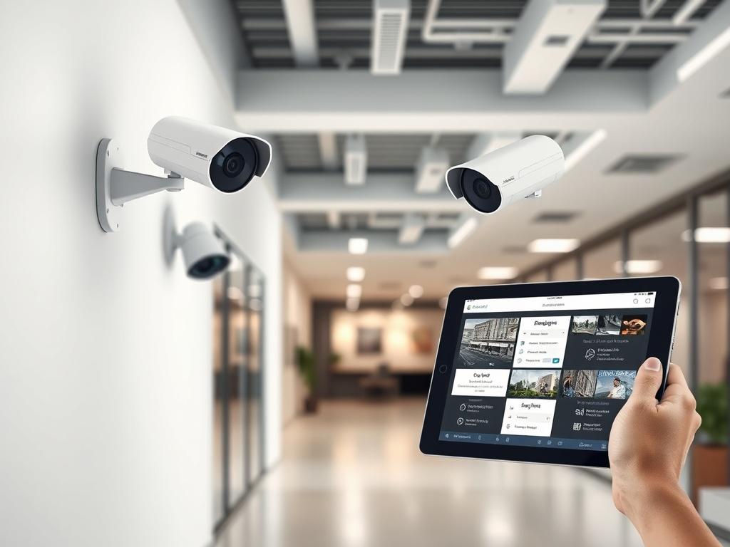 A modern security installation scene featuring Ubiquiti UniFi cameras positioned strategically in a commercial space. The image should depict a user-friendly interface on a tablet, showcasing the surveillance system in action. The background should be minimal, focusing on the security technology and its application.