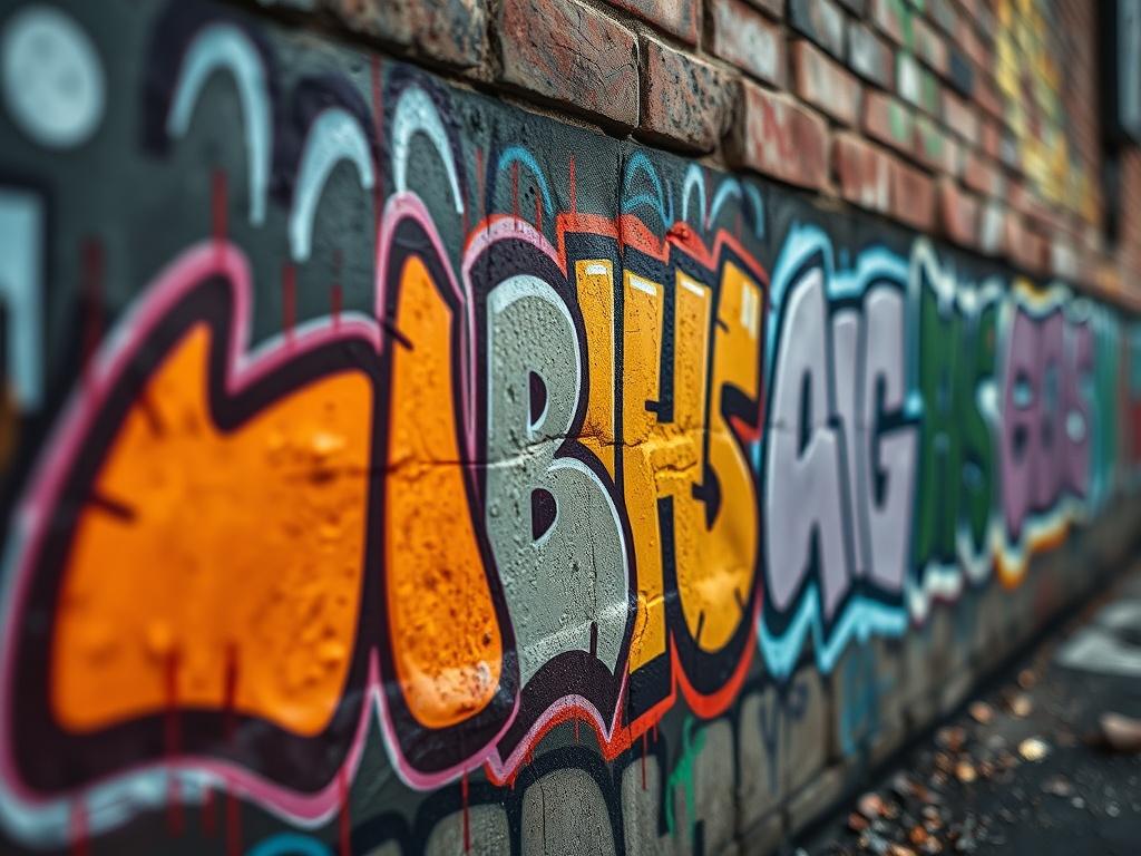 A close-up shot of vibrant graffiti on a brick wall, representing urban challenges and the need for community reporting.