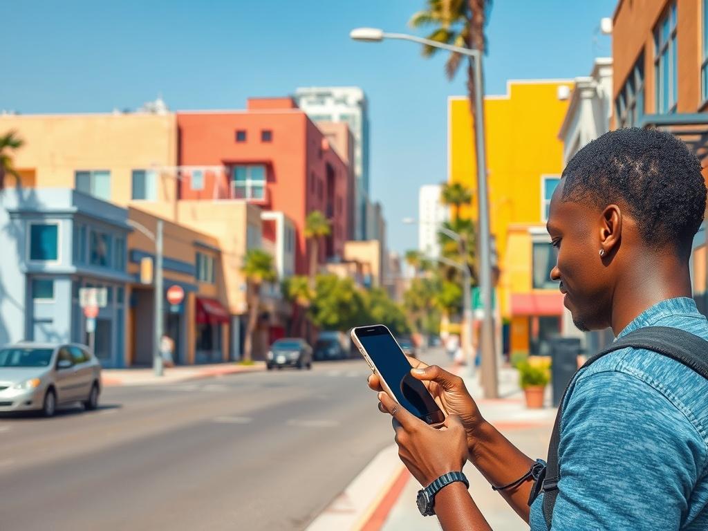 Create an image depicting a vibrant urban neighborhood scene in Los Angeles, showcasing a community member using a smartphone to report an issue. The background should feature clean streets and well-maintained public spaces, with bright, bold colors that reflect a lively atmosphere. The focus should be on the person interacting with their device, capturing the essence of civic engagement. Ensure the composition is simple and clear, highlighting the subject against a minimalistic backdrop.
