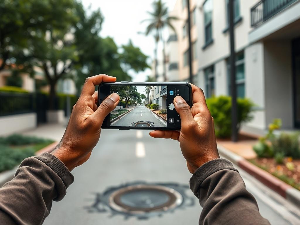 A high-resolution photo of a community member holding a smartphone, taking a picture of a street issue like a pothole or litter. The background should show a clean urban street in Los Angeles with greenery and simple architecture. The focus should be on the person and the smartphone, capturing the action of reporting the issue. The composition should be minimalistic with clean lines and negative space, emphasizing the importance of community engagement.