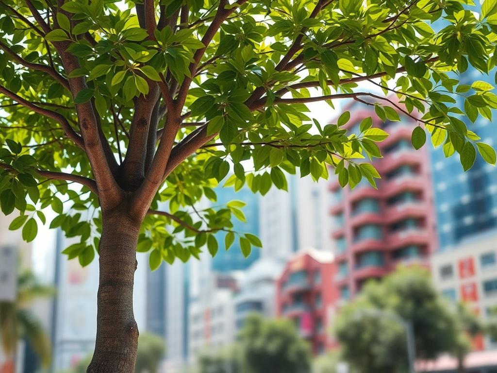 A close-up shot of a thriving tree in a vibrant urban environment, symbolizing sustainability and community. The tree's leaves are lush and green, capturing the essence of life and growth. The background features a blurred cityscape, conveying the harmony between nature and urban living. The image is rendered in hyper-realistic style, focusing on the textures of the bark and leaves, shot with a 45mm f/1.2 lens. The colors are bright and inviting, with a primary palette that aligns with rgb(255, 95, 139).