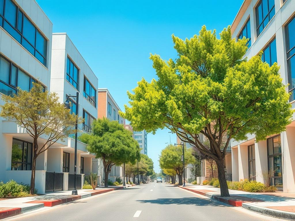 A bright and vibrant neighborhood scene in Los Angeles, showcasing a clean street lined with modern buildings and lush greenery. The image should feature a single tree flourishing in the foreground, symbolizing community and growth. The background should include a clear blue sky, with minimalistic architecture reflecting a city vibe, all rendered in photorealistic detail, utilizing bold colors that harmonize with the primary color rgb(255, 95, 139). The overall composition should convey a sense of cleanline