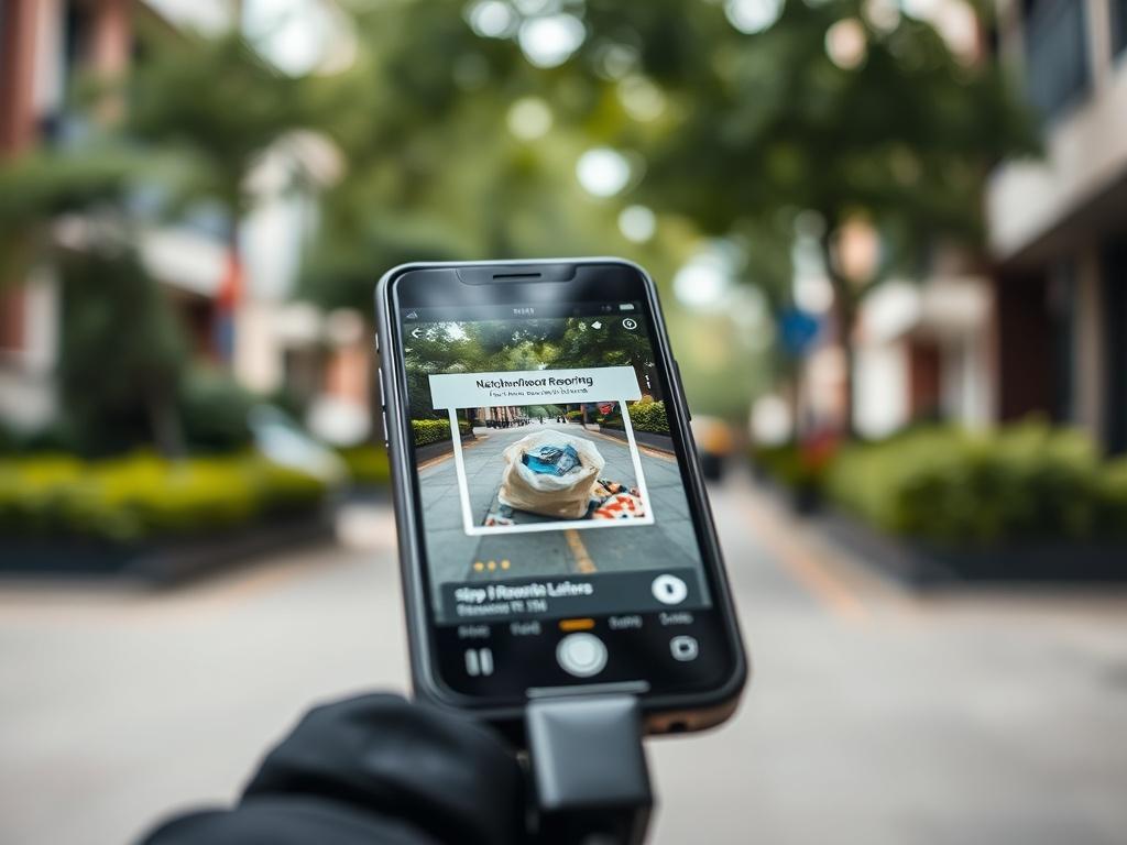 A close-up shot of a smartphone displaying a neighborhood reporting app interface, showcasing a captured photo of litter. The background is a blurred urban environment with greenery, highlighting the importance of community cleanliness. Shot with a 45mm f/1.2 lens for a hyper-realistic effect.