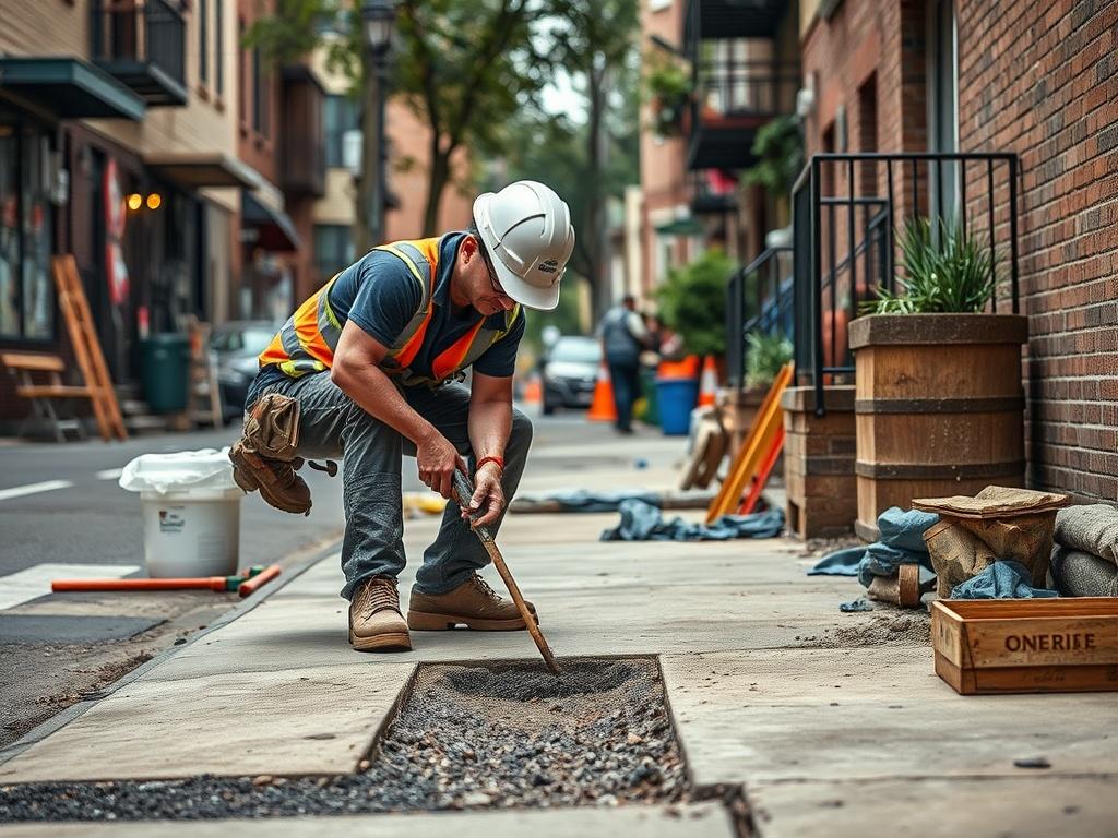 A detailed, hyper-realistic shot of a contractor working on a sidewalk repair in an urban neighborhood. The setting includes tools and materials, with a vibrant backdrop of community life. Captured with a 45mm f/1.2 lens for stunning clarity.