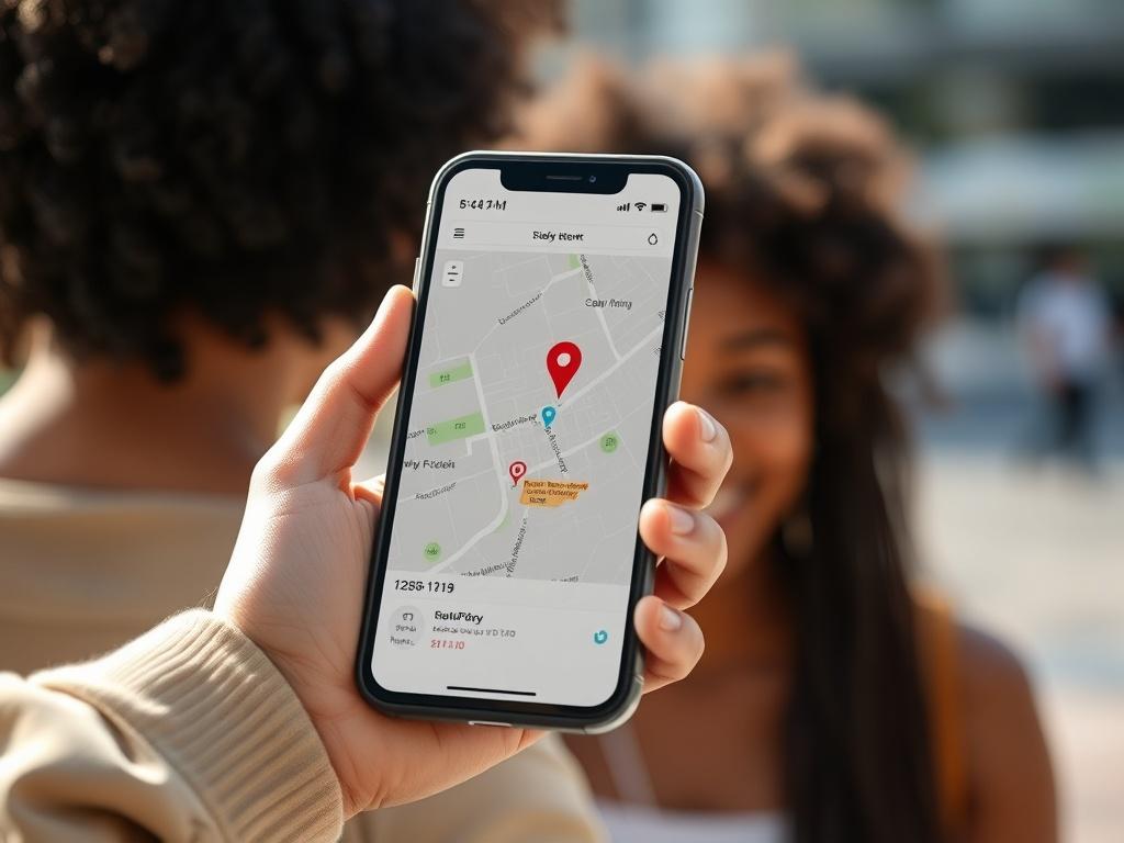 A close-up shot of a smartphone displaying a map with a pinpoint location. The background should be blurred to emphasize the phone. The phone should be held in a hand, showcasing a diverse person. The scene is bright and inviting, capturing the essence of community engagement. The color palette should include shades of rgb(255, 95, 139) to align with the brand's identity.