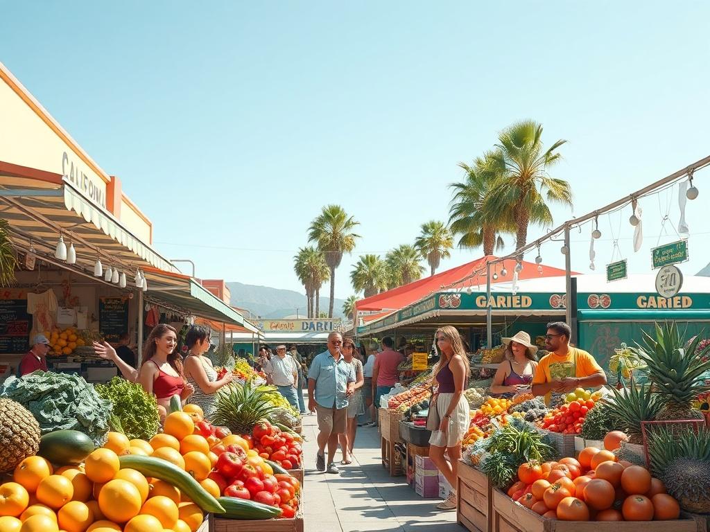 A vibrant and engaging scene depicting a bustling California market, showcasing a variety of fresh fruits, vegetables, and local artisan products. The composition features a colorful display of produce in the foreground with happy shoppers interacting and exploring the market. The background includes a clear blue sky and palm trees, embodying the sunny California vibe. The image should be rendered in photorealistic quality with bold, vibrant colors that highlight the richness of the market's offerings.