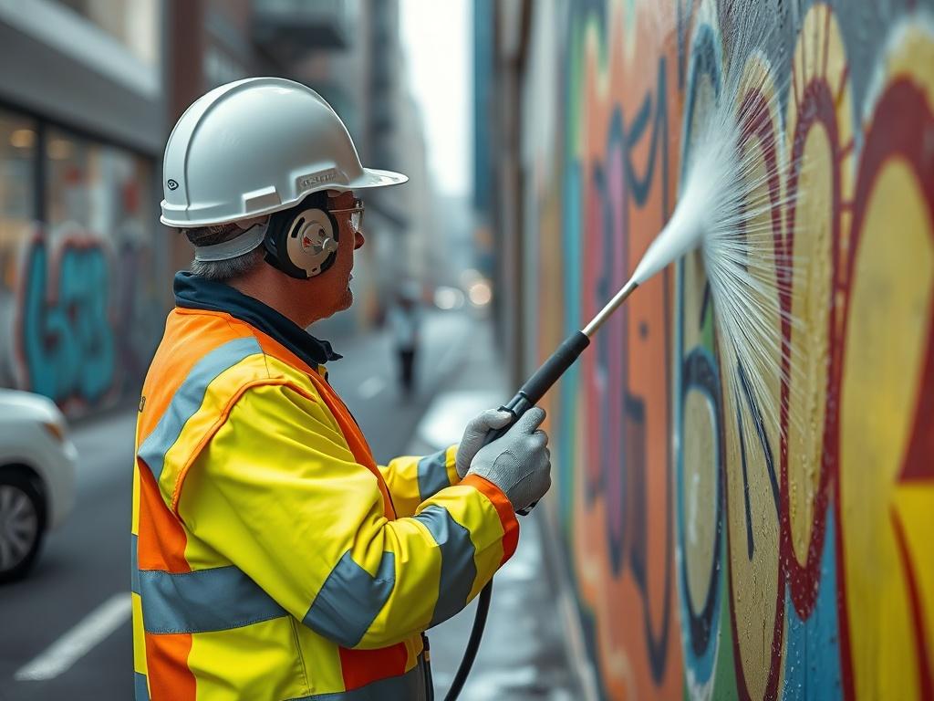 A construction worker in bright safety gear is seen focused on removing graffiti from a vibrant city wall. The worker is positioned in the foreground, using a power washer to clean the wall, showcasing the texture of the wall and the water spray. The background includes a blurred view of the city streets, emphasizing the urban setting. The overall composition is clear, with the worker's body language conveying determination and care, while their face is not visible, maintaining anonymity.