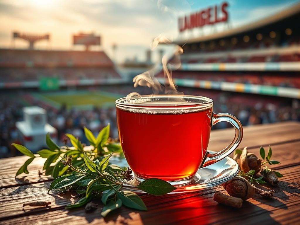 A vibrant and inviting close-up shot of a steaming cup of tea placed on a wooden table, surrounded by fresh herbs and tea leaves. In the background, a blurred image of a bustling Los Angeles stadium can be seen, showcasing the lively atmosphere of the city. The tea cup is the main focus, capturing the warmth and richness of the tea, with a hint of sunlight shining through, creating a cozy and welcoming vibe.