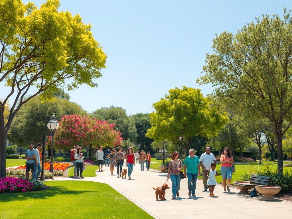 A realistic high-resolution photo of a community park in Los Angeles, showcasing vibrant green trees and colorful flowers. The scene captures a diverse group of people happily engaging in activities like playing, walking dogs, and enjoying the outdoors. The background includes a clear blue sky and clean park pathways, emphasizing a sense of community and vibrancy.