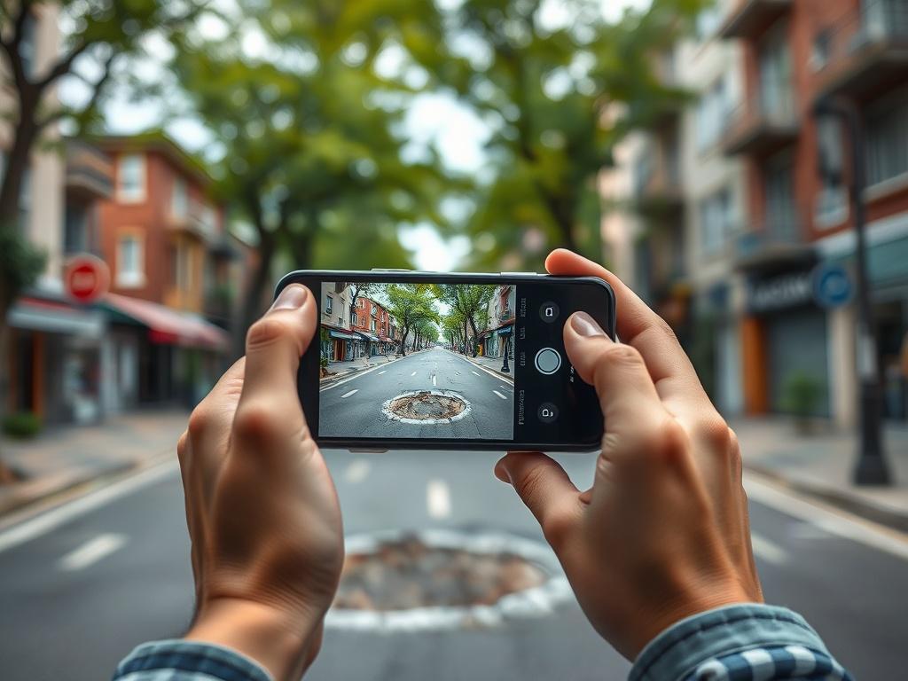 A person taking a photo of a city street with their smartphone, illustrating the reporting process