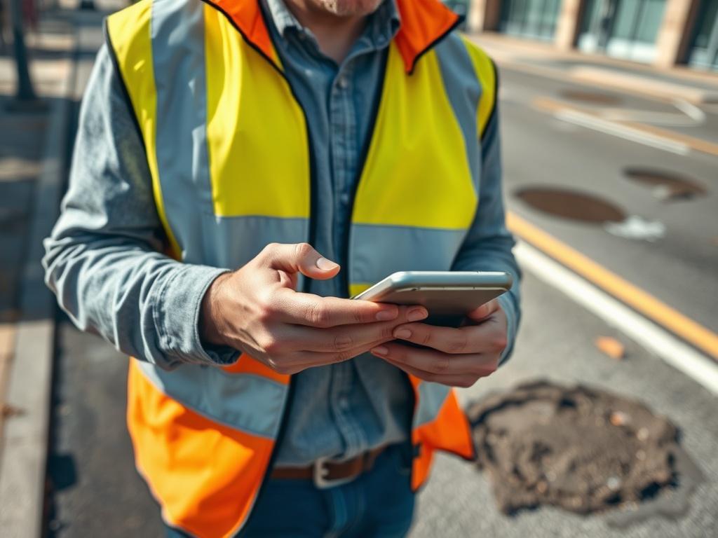 A city inspector wearing a safety vest using a tablet to verify reported street issues